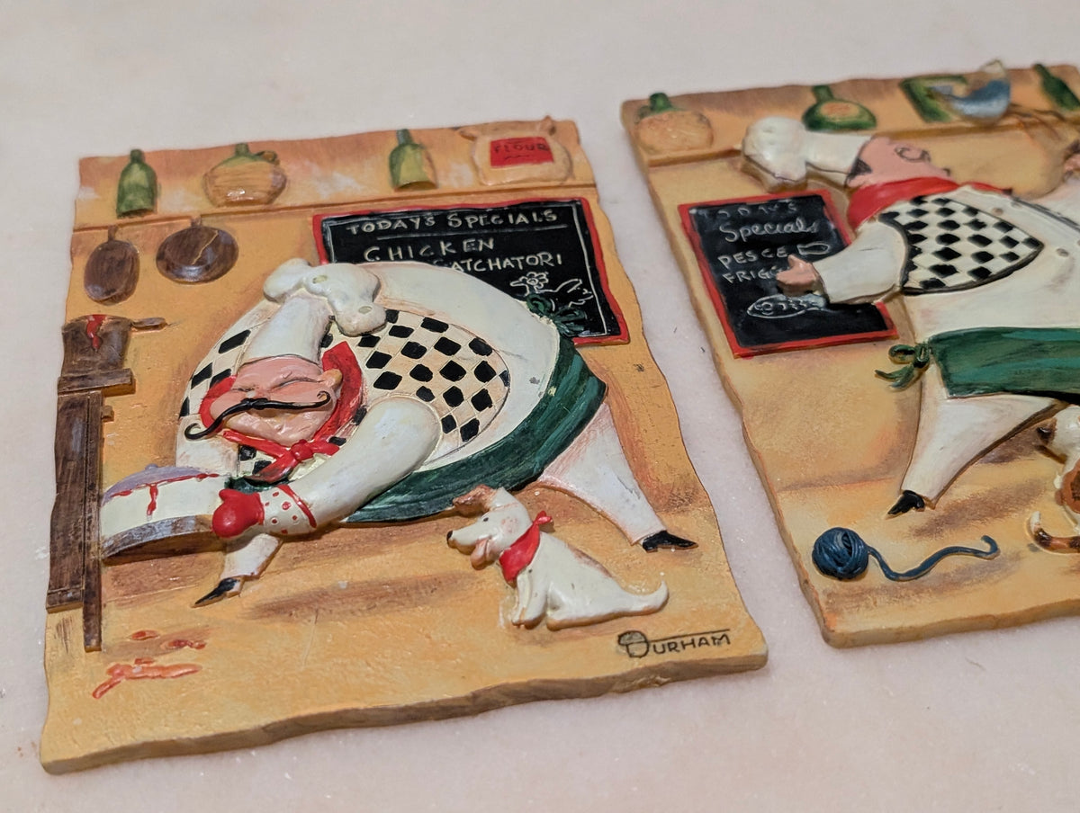 Set of 3 Vintage Durham 3D 'Fat Chef' Kitchen Wall Plaques Italian Restaurant