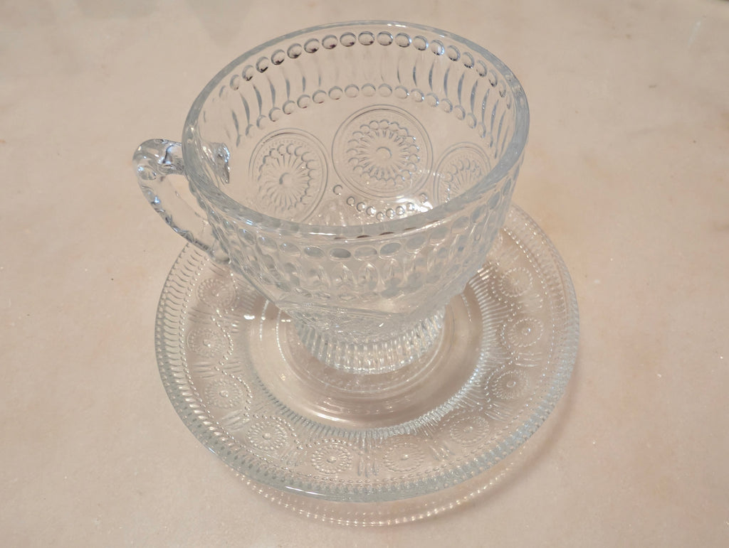 Vintage Clear Pressed Glass Teacup & Saucer Set Thumbprint Floral Pattern