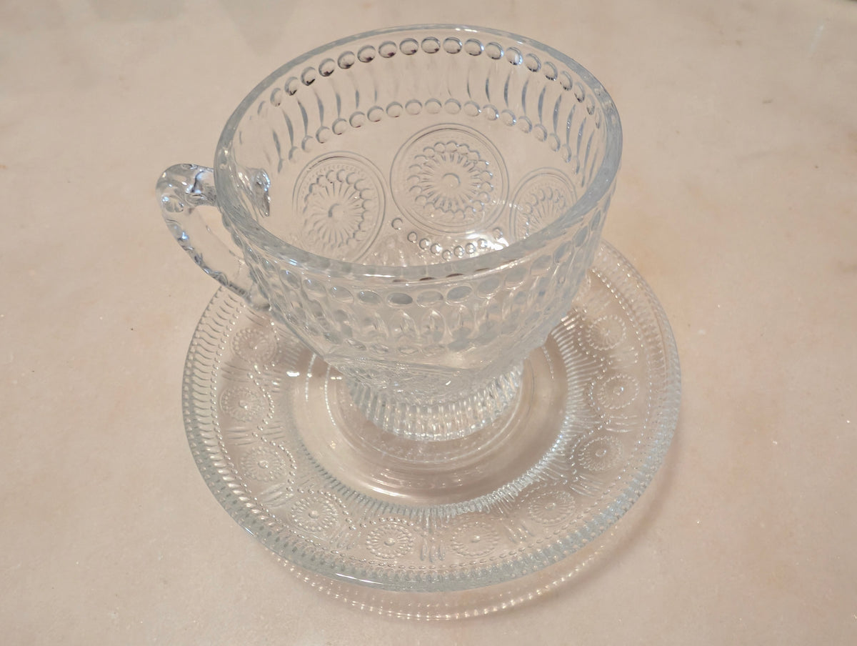 Vintage Clear Pressed Glass Teacup & Saucer Set Thumbprint Floral Pattern