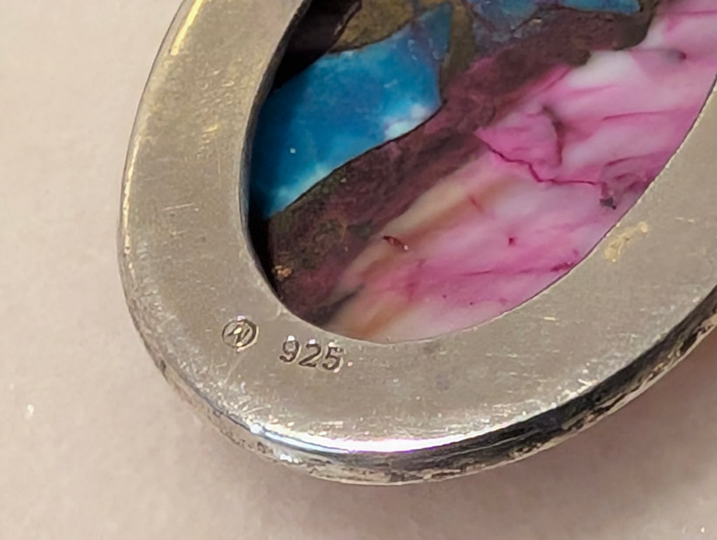 Sterling Silver 925 Oval Pendant Necklace – Colorful Composite Turquoise and Majove Style Stone