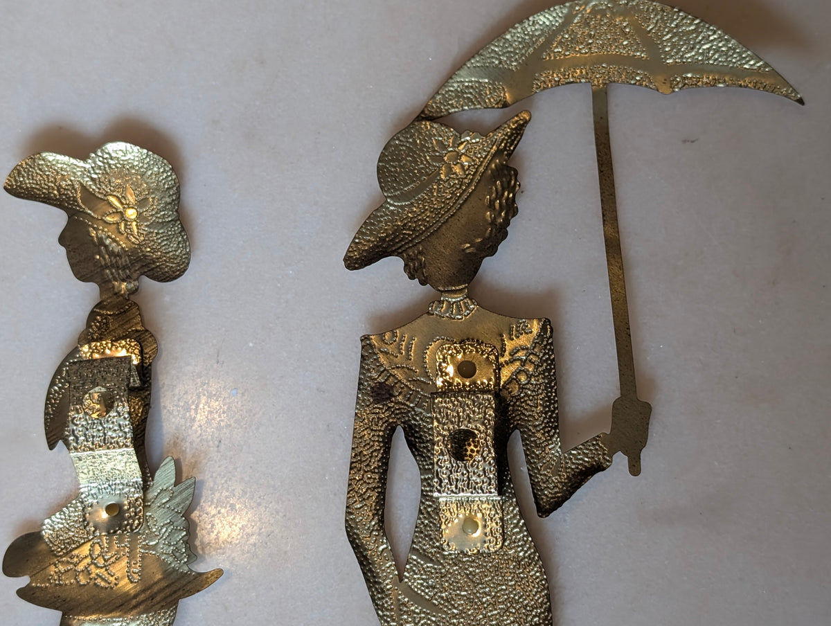 Vintage Brass Victorian Ladies Wall Plaques Pair Umbrella Parasol Hollywood Rege