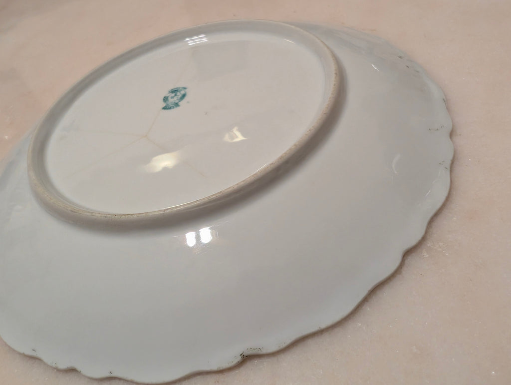 Antique German Porcelain Decorative Bowl Scalloped Green Border Romantic Scene