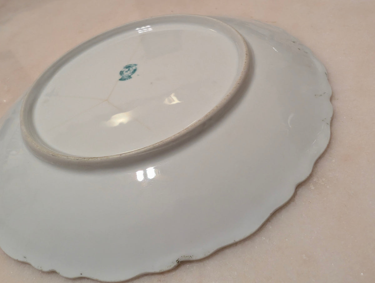 Antique German Porcelain Decorative Bowl Scalloped Green Border Romantic Scene