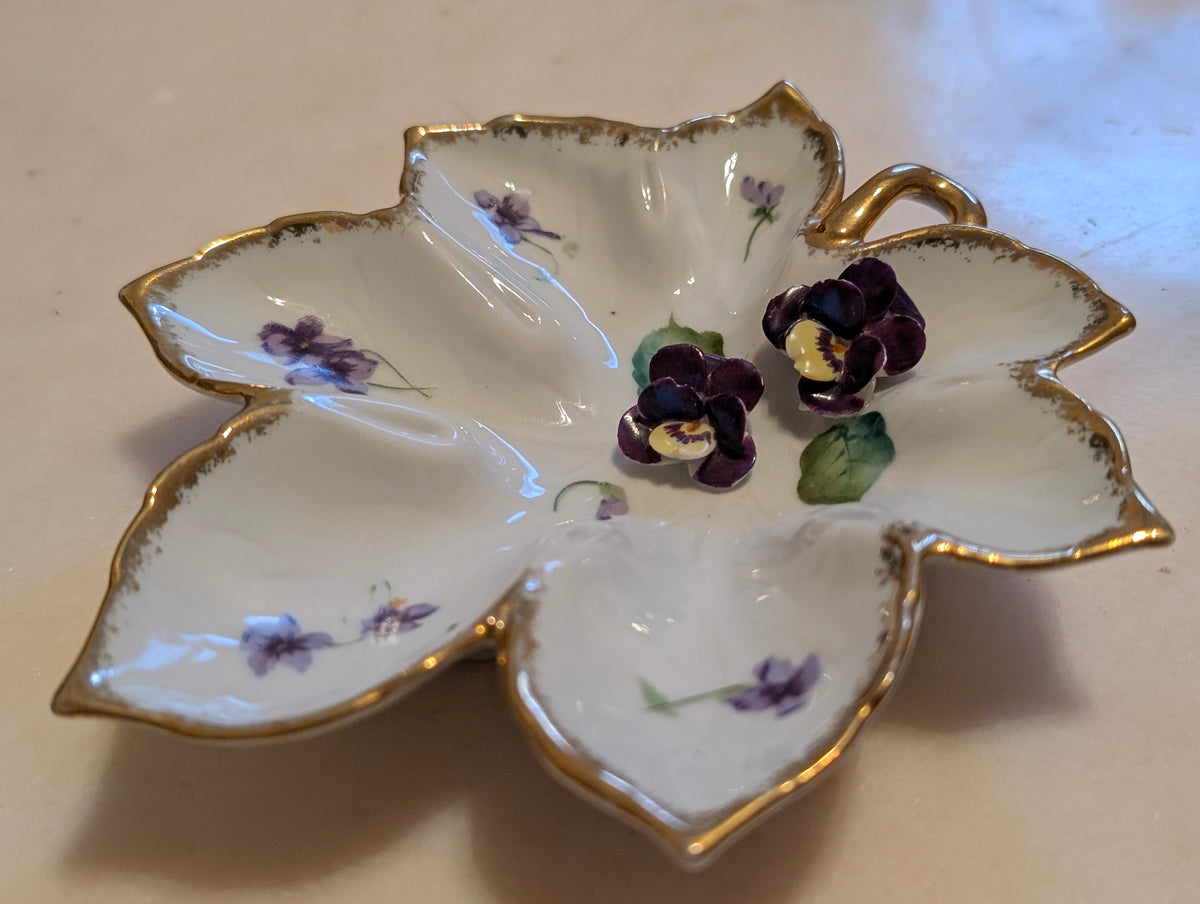 Norcrest Fine China Hand Painted Leaf Dish with Applied Pansies Gold Trim #8/596