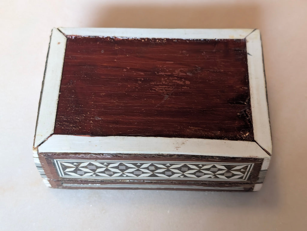 Syrian Style Mother of Pearl Inlay Wood Jewelry Trinket Box Red Velvet Lined
