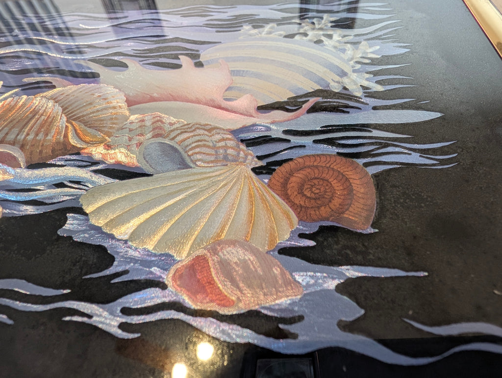 Vintage Kafka Industries #4225 Coastal Seashell Screened Etching Foil Art Framed 1985 USA