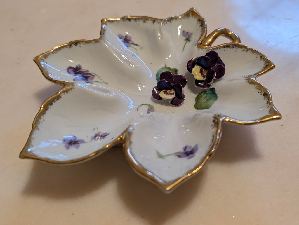 Norcrest Fine China Hand Painted Leaf Dish with Applied Pansies Gold Trim #8/596