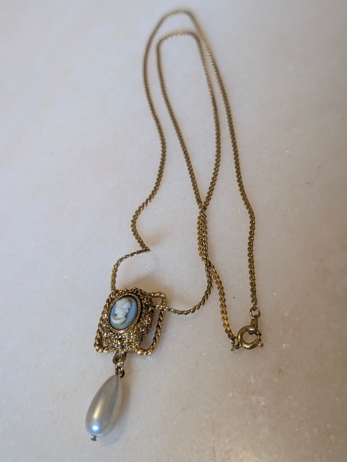 Vintage Cameo Necklace with Faux Pearl Drop