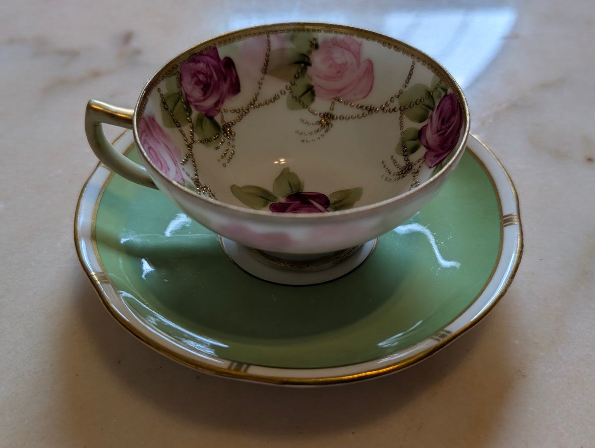 Antique Nippon Hand Printed Porcelain Teacup with Adderley Bone China Saucer – Mismatched Pair