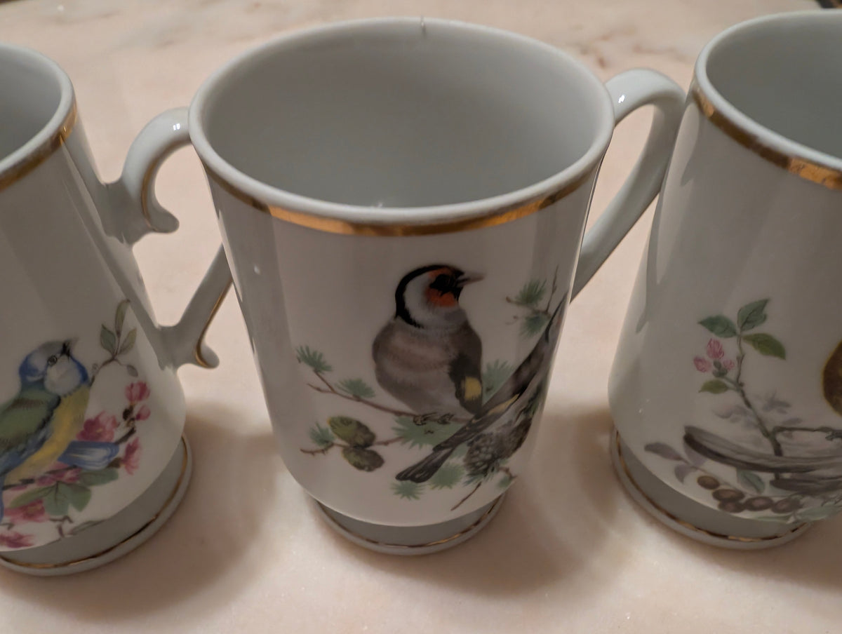 Royal Crown Japan Bird Pedestal Coffee Tea Mugs (3) Gold Trim Porcelain