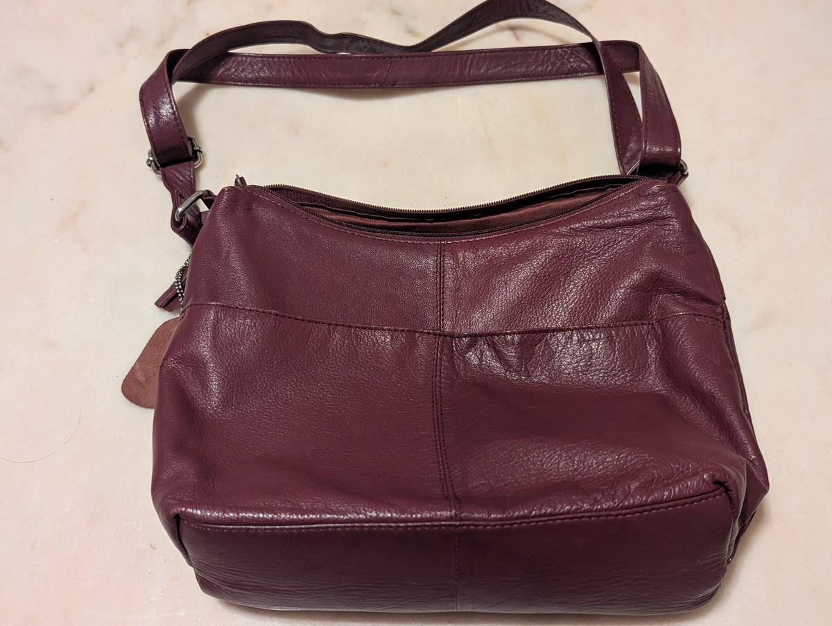 Burgundy Leather Shoulder Bag – Multiple Zip Pockets