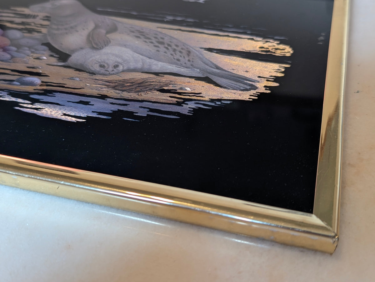 1985 Kafka Industries #4215 Harbor Seal & Pup 3D Foil Screen Etching Framed