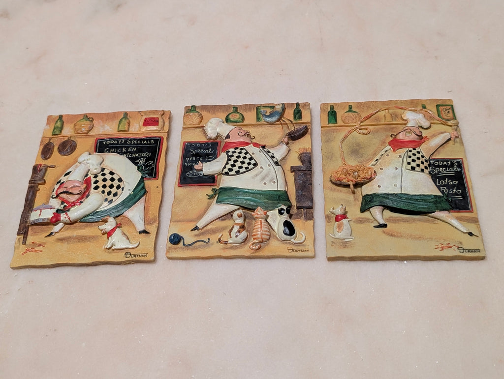 Set of 3 Vintage Durham 3D 'Fat Chef' Kitchen Wall Plaques Italian Restaurant