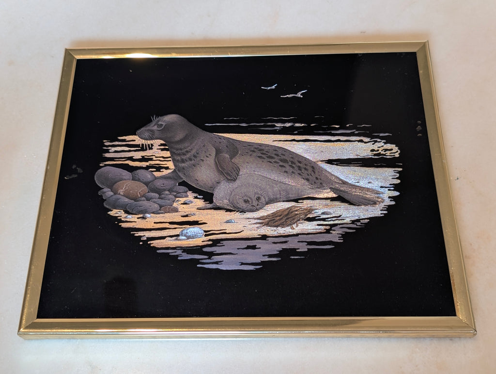 1985 Kafka Industries #4215 Harbor Seal & Pup 3D Foil Screen Etching Framed