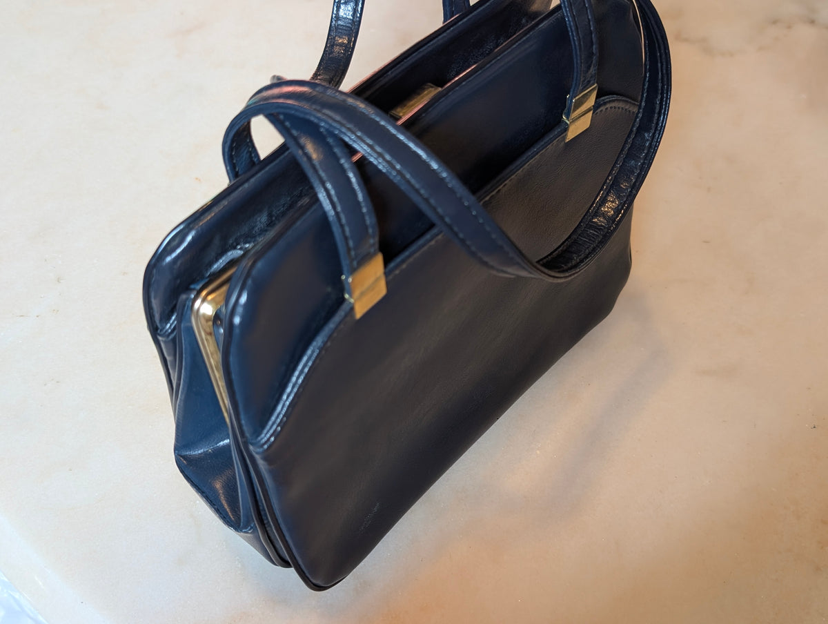Vintage Navy Blue Frame Handbag Top Handle Purse Structured Bag