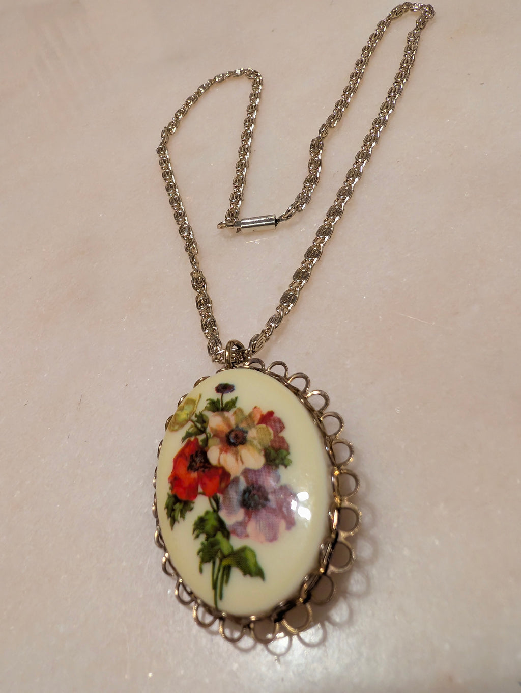 Vintage German Floral Cameo Pendant Necklace & Brooch