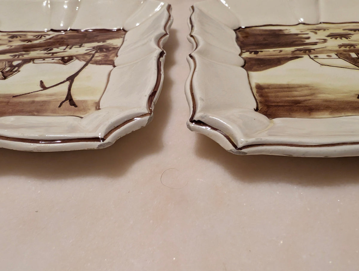 Vintage Italian Hand Painted Ceramic Landscape Plates Set of 2 Scalloped, Made in Italy