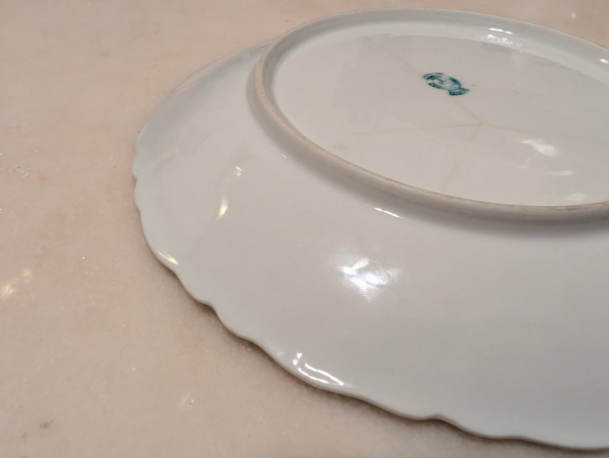 Antique German Porcelain Decorative Bowl Scalloped Green Border Romantic Scene