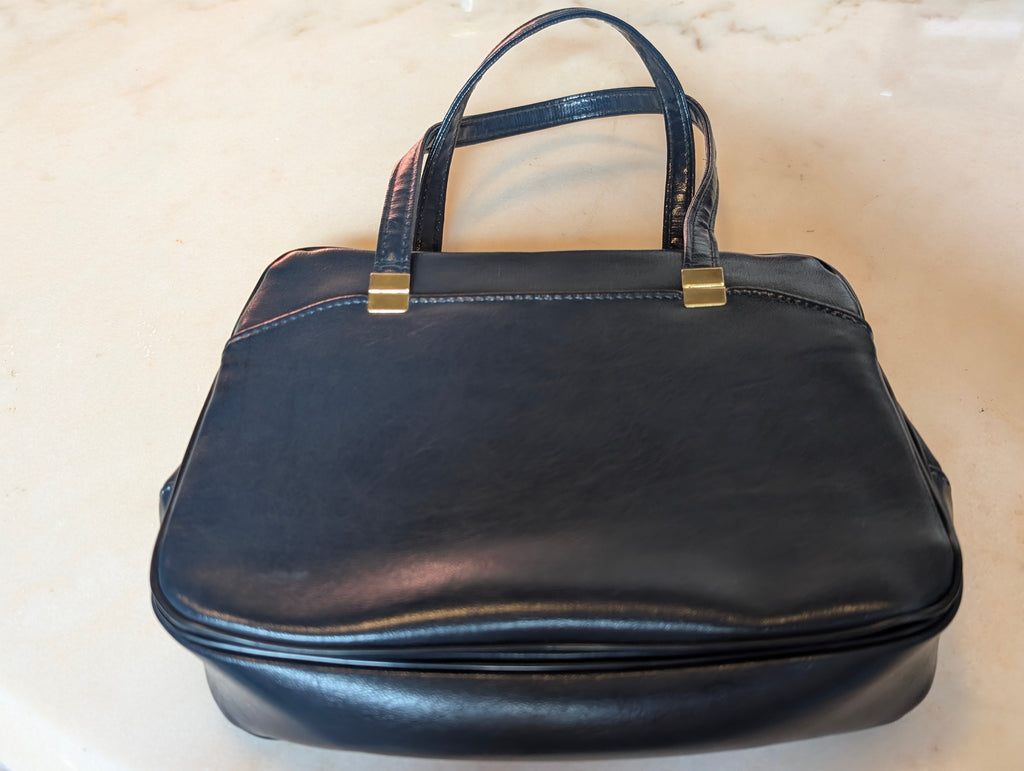 Vintage Navy Blue Frame Handbag Top Handle Purse Structured Bag