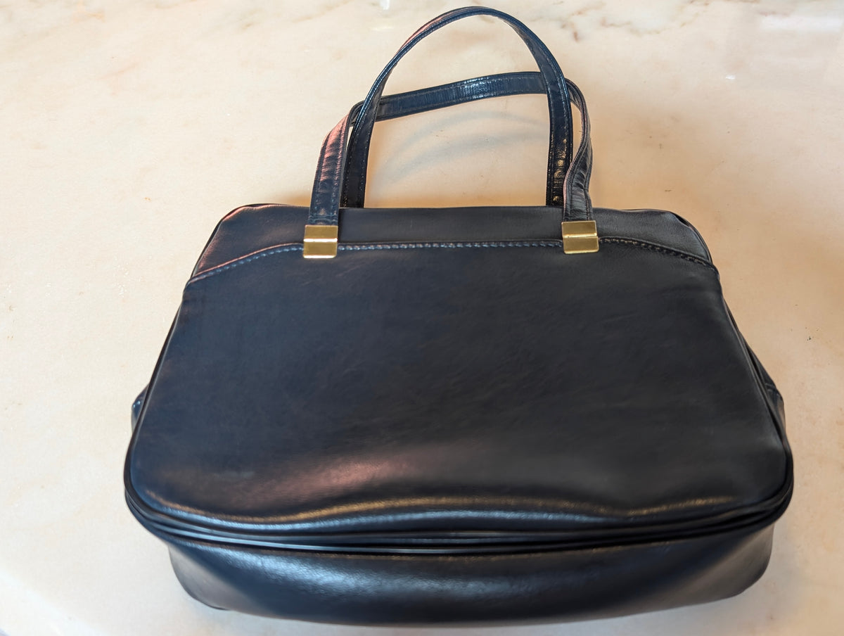 Vintage Navy Blue Frame Handbag Top Handle Purse Structured Bag