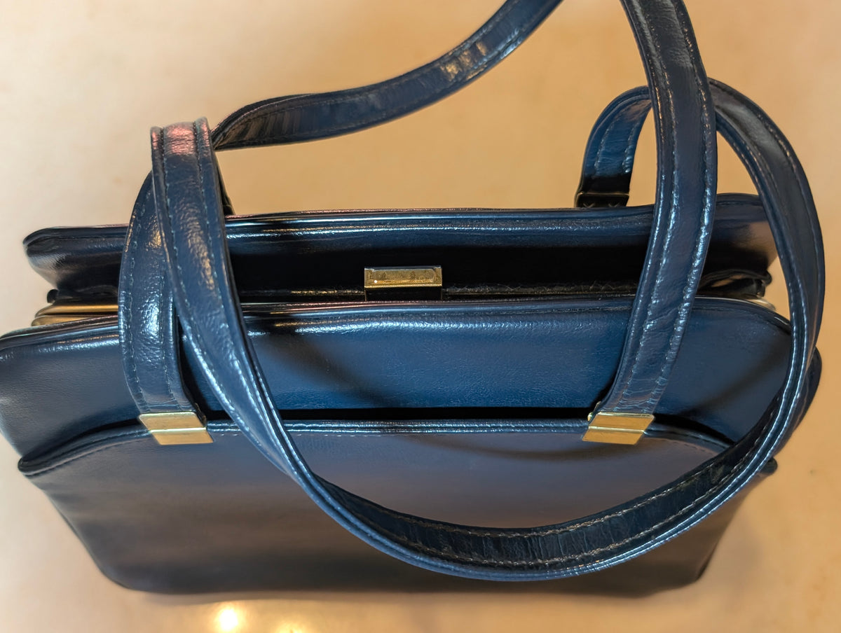 Vintage Navy Blue Frame Handbag Top Handle Purse Structured Bag