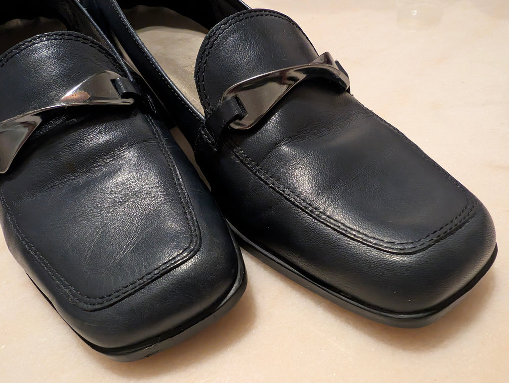Black Leather Comfort Loafers Square Toe Block Heel Women's Size 6