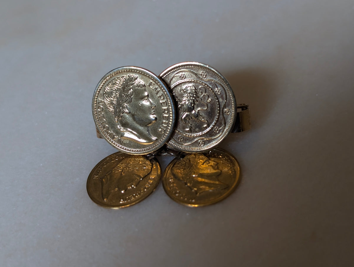 Vintage Sarah Coventry Coin Clip Earrings Gold Tone Napoleon French Coin Design