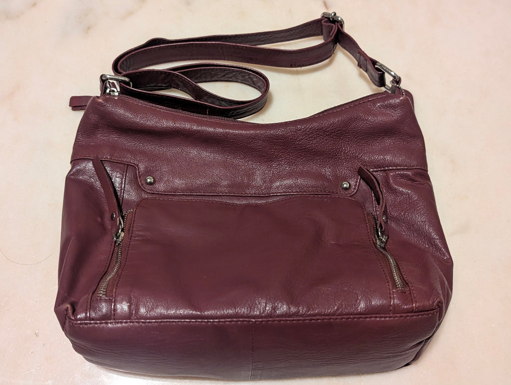 Burgundy Leather Shoulder Bag – Multiple Zip Pockets