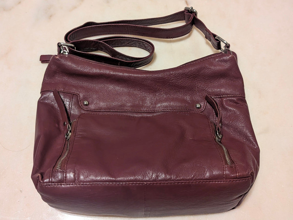 Burgundy Leather Shoulder Bag – Multiple Zip Pockets