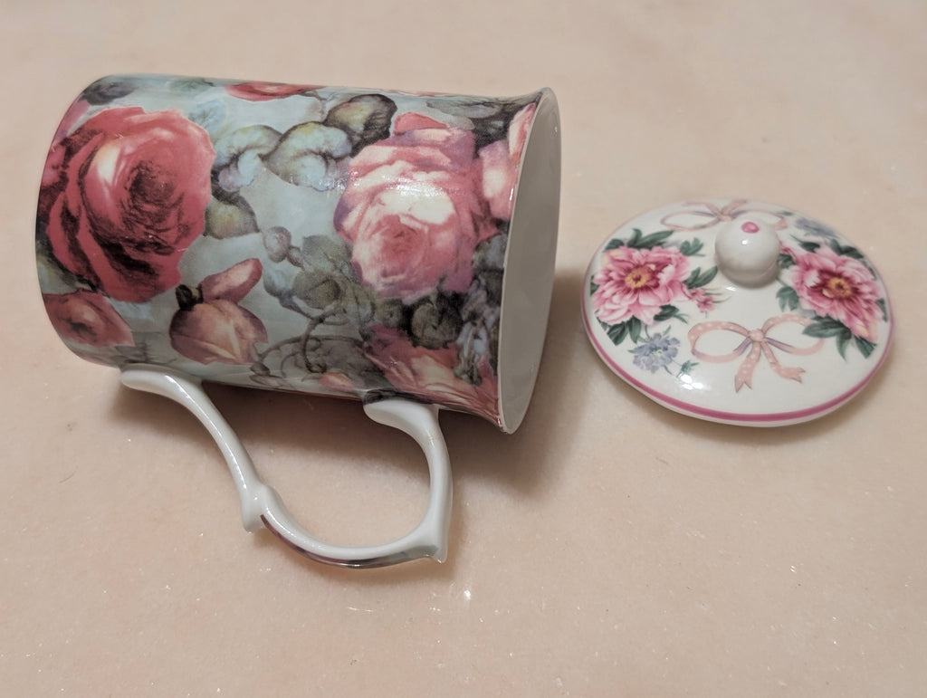 Mayfair Fine Bone China Staffordshire England Floral Tea Mug w/ Lid