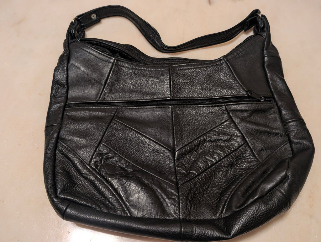Leather Black Patchwork Shoulder Bag Soft Leather, Made in Mexico