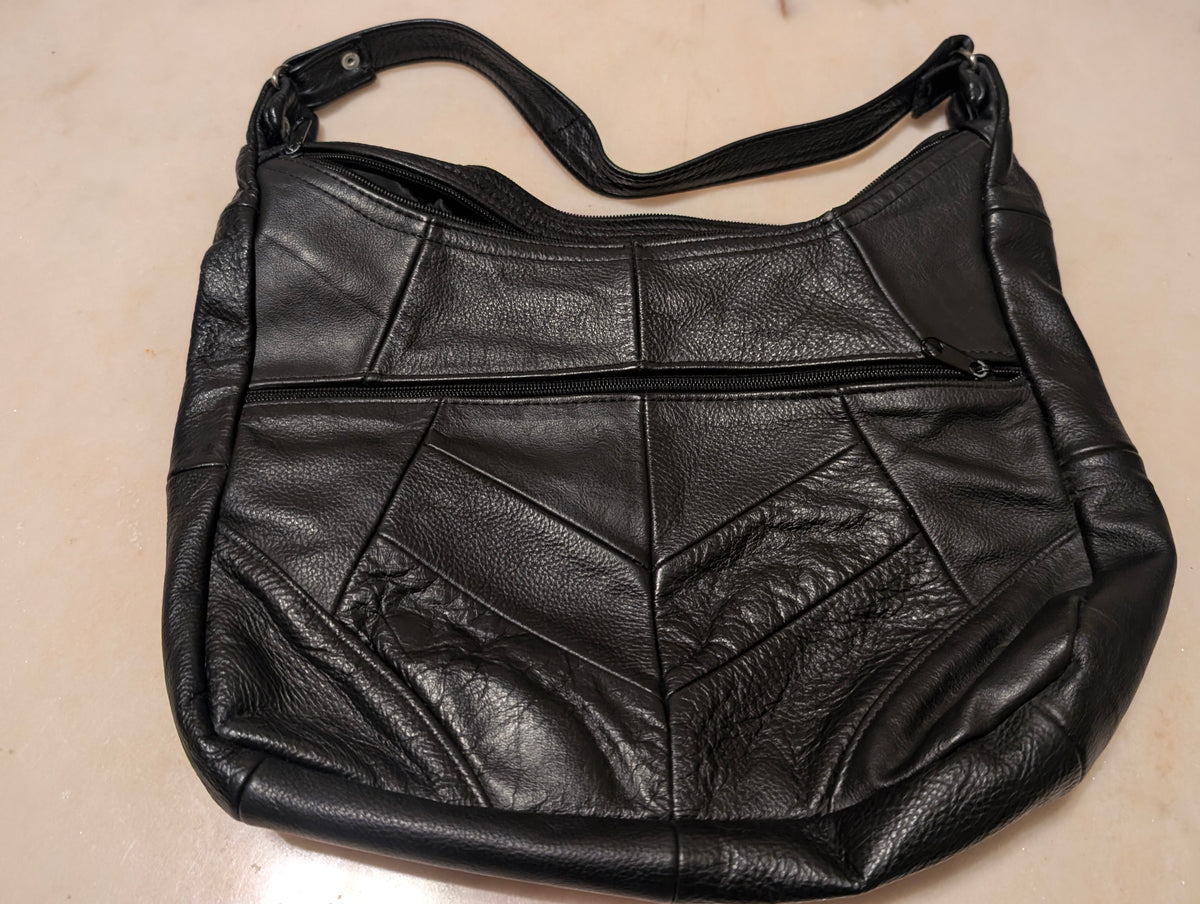 Leather Black Patchwork Shoulder Bag Soft Leather, Made in Mexico