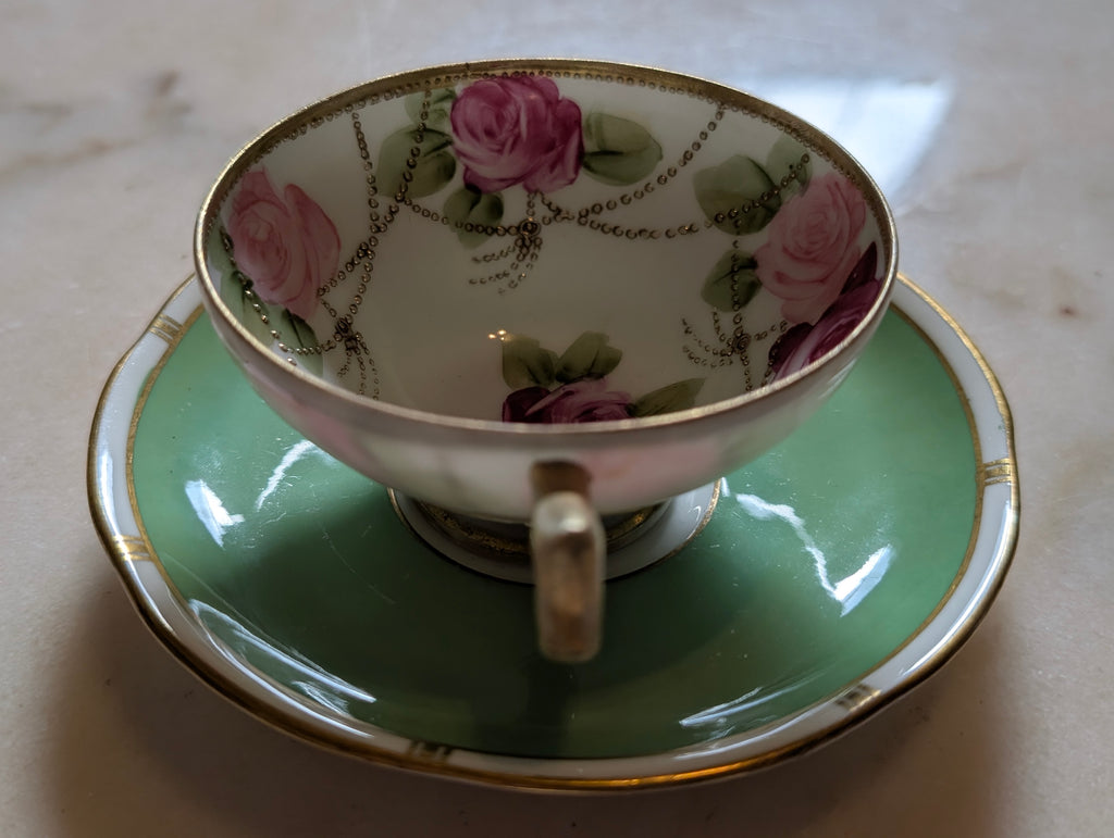 Antique Nippon Hand Printed Porcelain Teacup with Adderley Bone China Saucer – Mismatched Pair