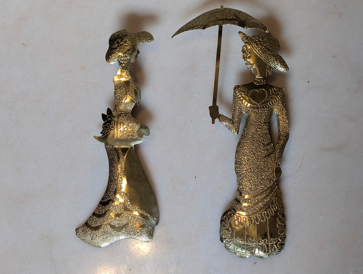 Vintage Brass Victorian Ladies Wall Plaques Pair Umbrella Parasol Hollywood Rege