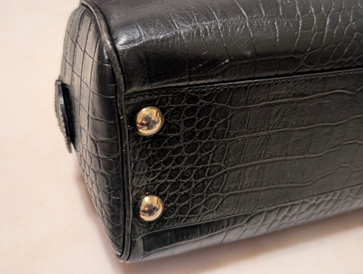 Enzo Angiolini Black Croc Embossed Leather Satchel Doctor Bag Crossbody Purse