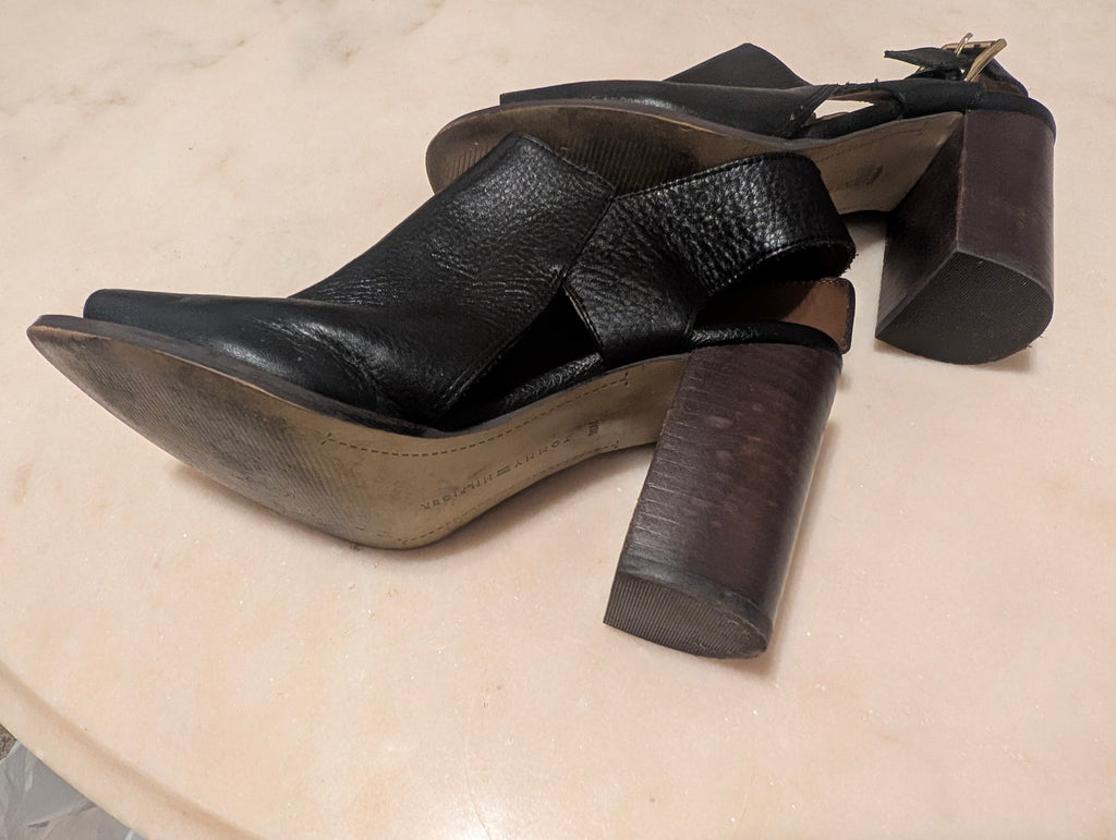Tommy Hilfiger Black Leather Peep Toe Slingback Block Heel Sandals Women's 9.5M