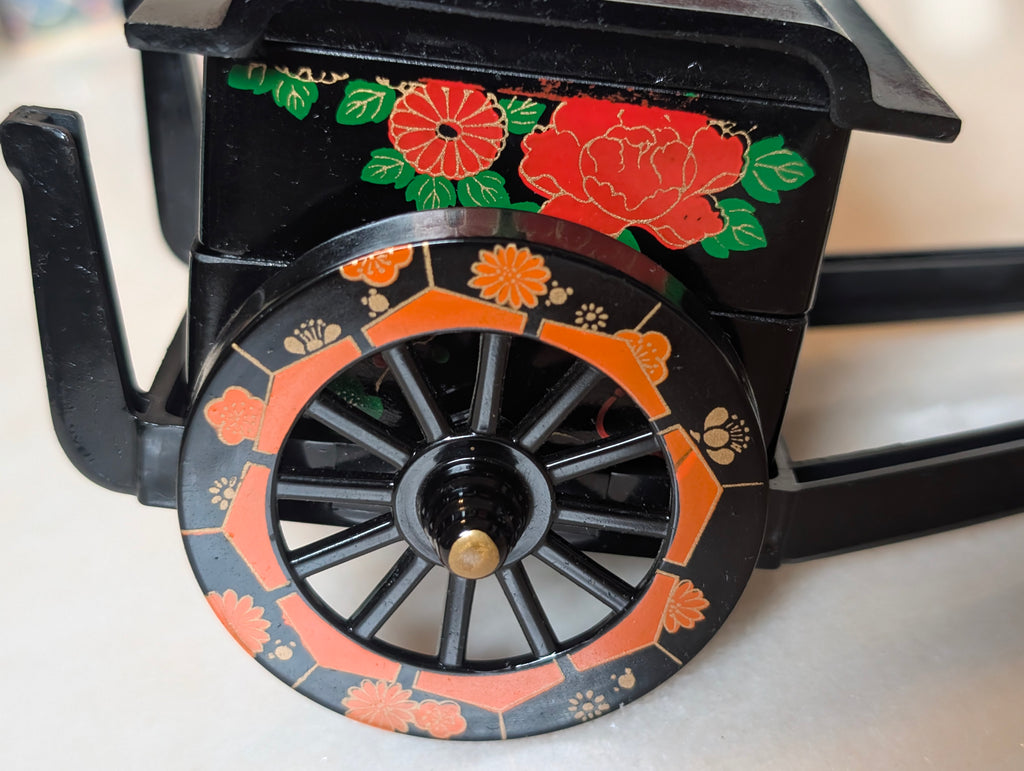 Vintage Japanese Lacquer Miniature Rickshaw Jewelry Trinket Box Black Floral