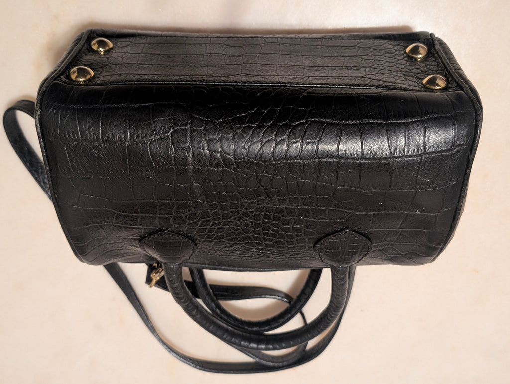 Enzo Angiolini Black Croc Embossed Leather Satchel Doctor Bag Crossbody Purse