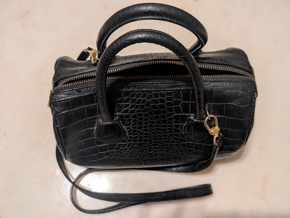 Enzo Angiolini Black Croc Embossed Leather Satchel Doctor Bag Crossbody Purse