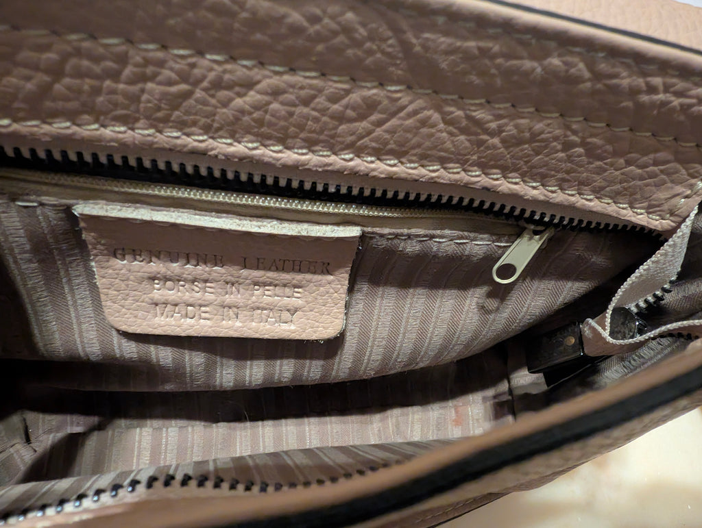 Italian Leather Crossbody Shoulder Bag Taupe Pebbled Leather Made Italy