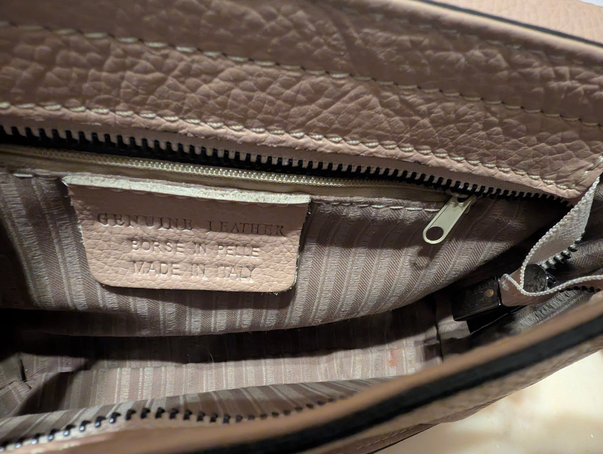 Italian Leather Crossbody Shoulder Bag Taupe Pebbled Leather Made Italy