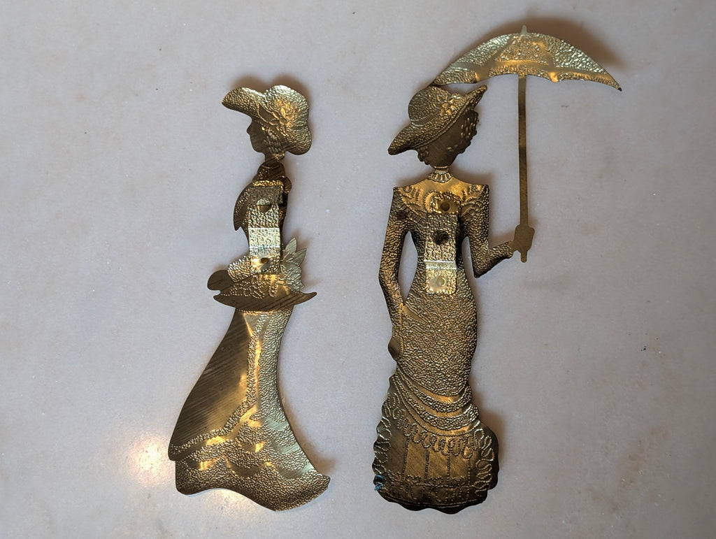 Vintage Brass Victorian Ladies Wall Plaques Pair Umbrella Parasol Hollywood Rege