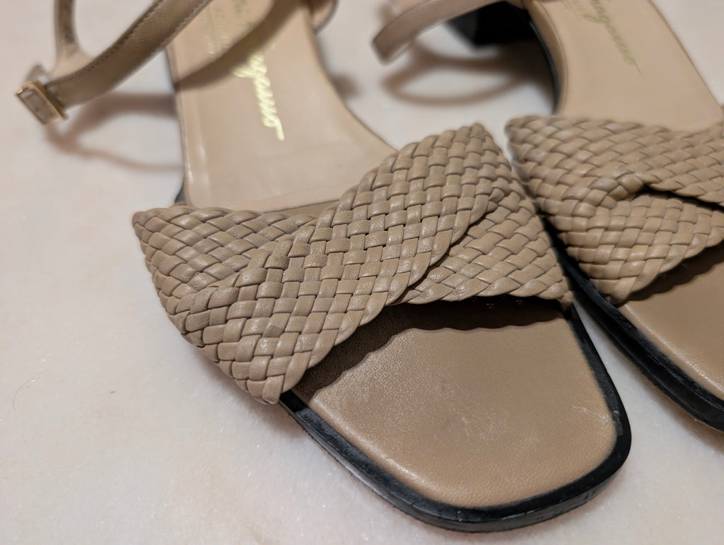 Salvatore Ferragamo Woven Leather Sandals Beige Italy Size 7B