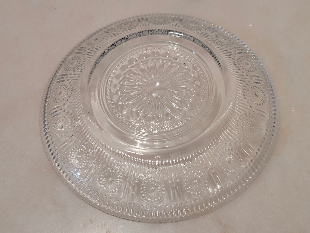 Vintage Clear Pressed Glass Teacup & Saucer Set Thumbprint Floral Pattern