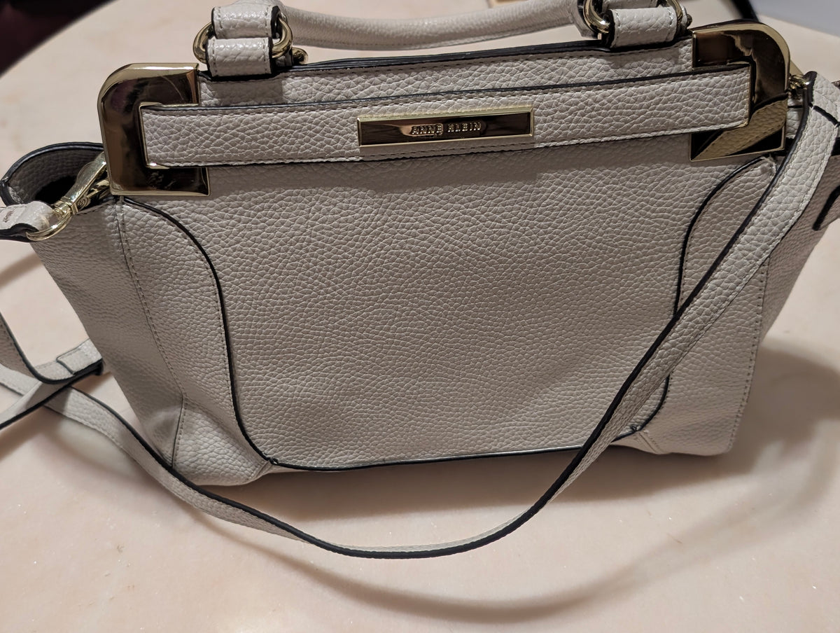 Anne Klein Light Gray Pebbled Satchel Crossbody Handbag Purse Gold Hardware