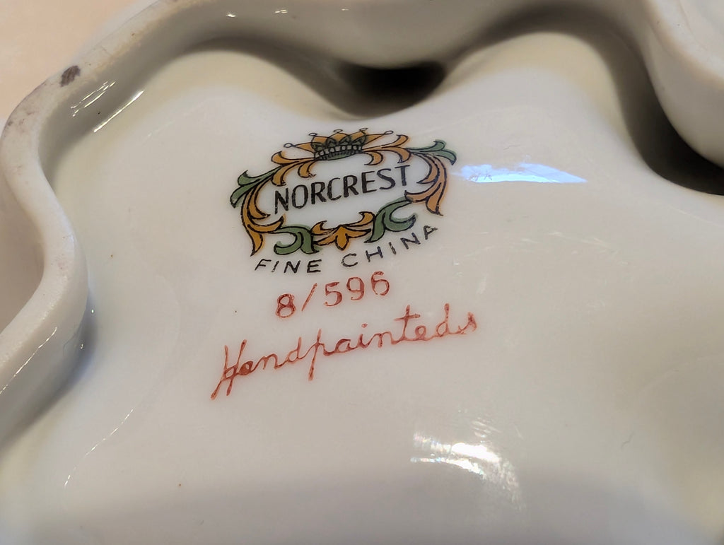 Norcrest Fine China Hand Painted Leaf Dish with Applied Pansies Gold Trim #8/596