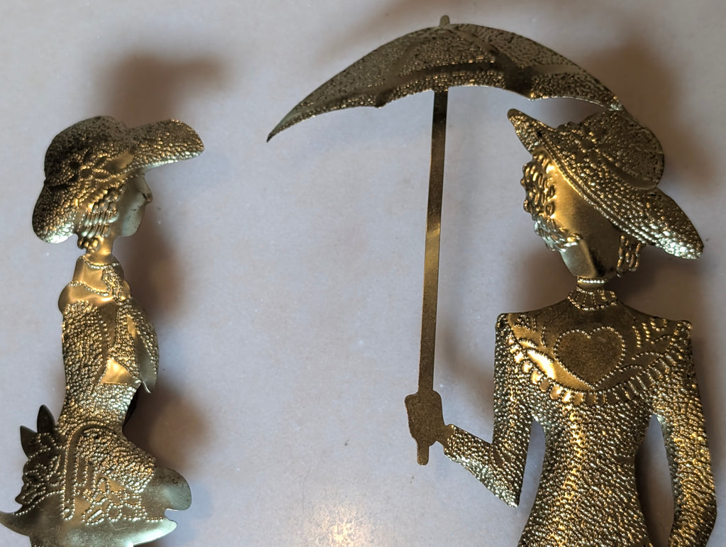 Vintage Brass Victorian Ladies Wall Plaques Pair Umbrella Parasol Hollywood Rege