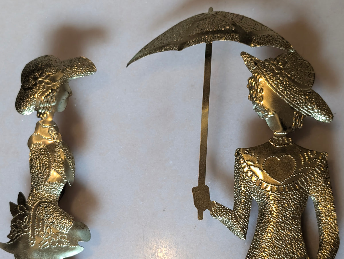 Vintage Brass Victorian Ladies Wall Plaques Pair Umbrella Parasol Hollywood Rege