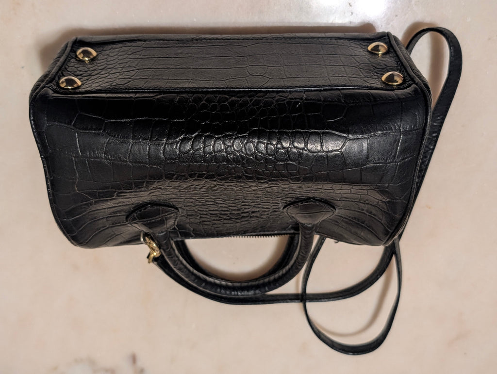 Enzo Angiolini Black Croc Embossed Leather Satchel Doctor Bag Crossbody Purse