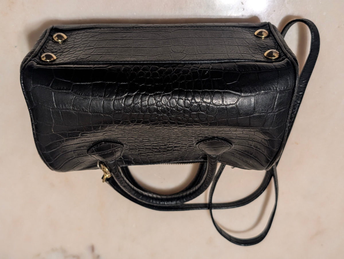 Enzo Angiolini Black Croc Embossed Leather Satchel Doctor Bag Crossbody Purse